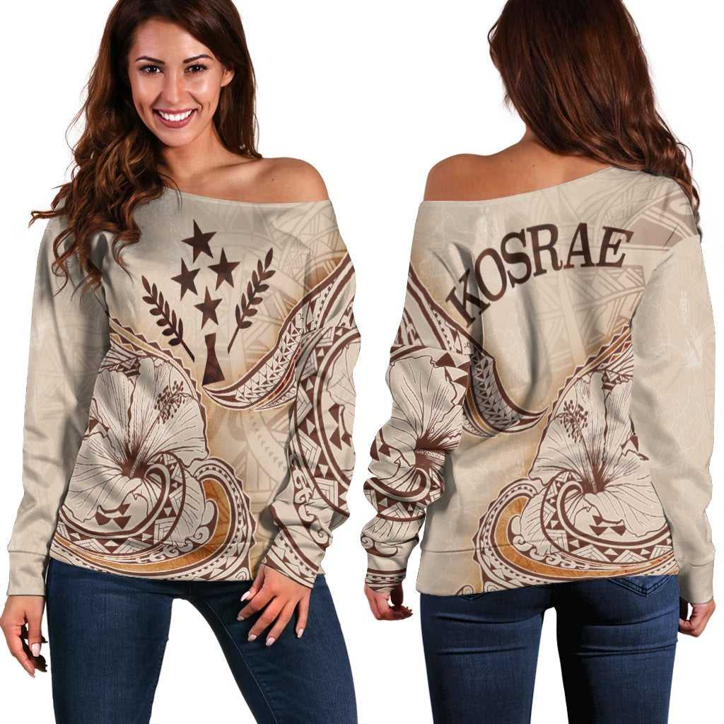 Kosrae State Women's Off Shoulder Sweater - Hibiscus Flowers Vintage Style Nude - Polynesian Pride