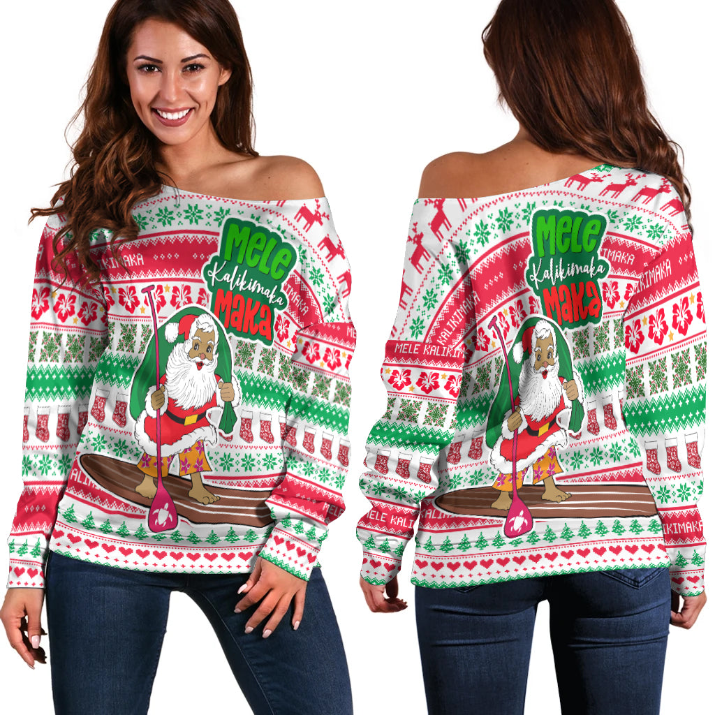 Hawaiian Christmas Women Off Shoulder Sweater - Santa Surfing Ugly Christmas