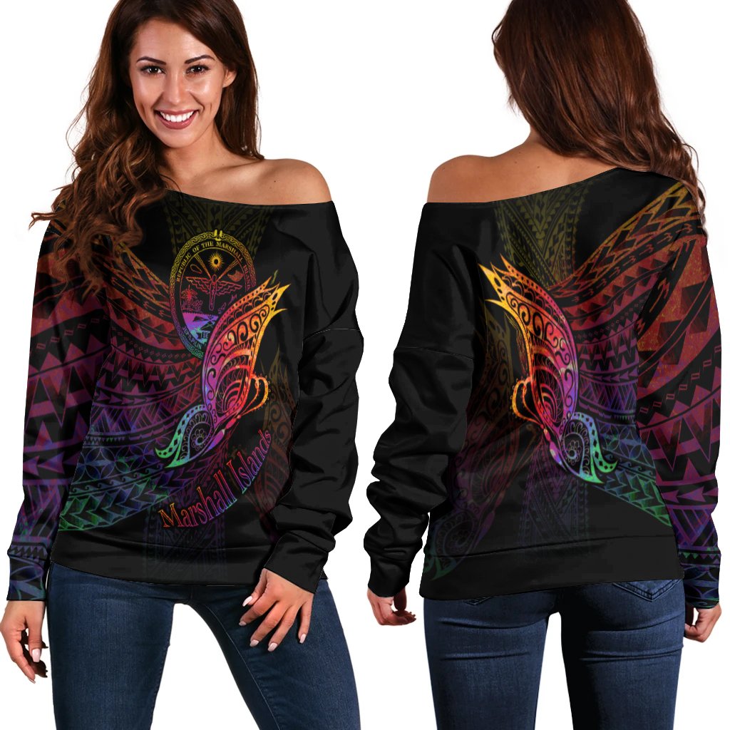 Marshall Islands Women's Off Shoulder Sweater - Butterfly Polynesian Style Black - Polynesian Pride