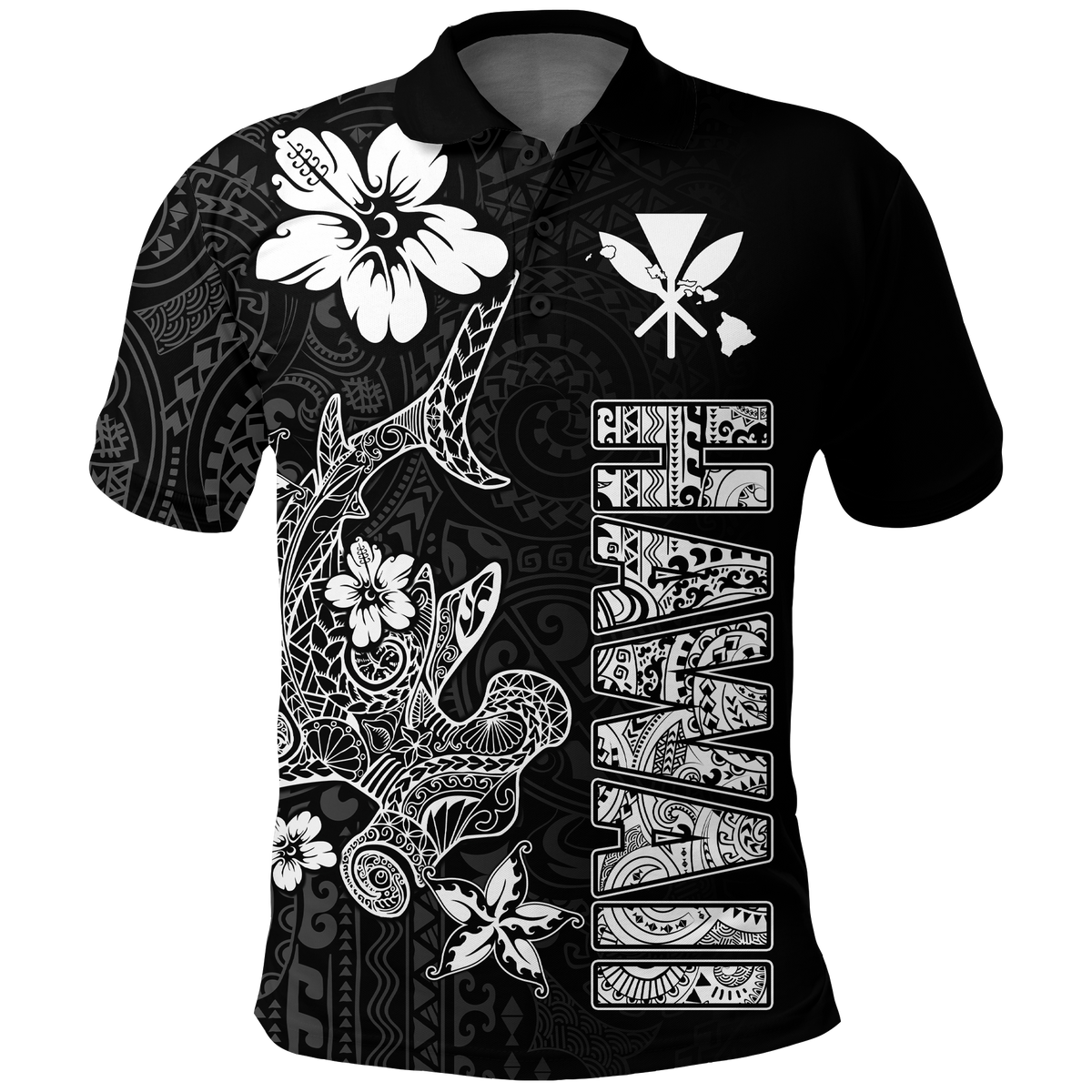 Hawaii Hammerhead Shark Hibiscus Hawaii Pattern Polo Shirt LT2 BLACK - Polynesian Pride