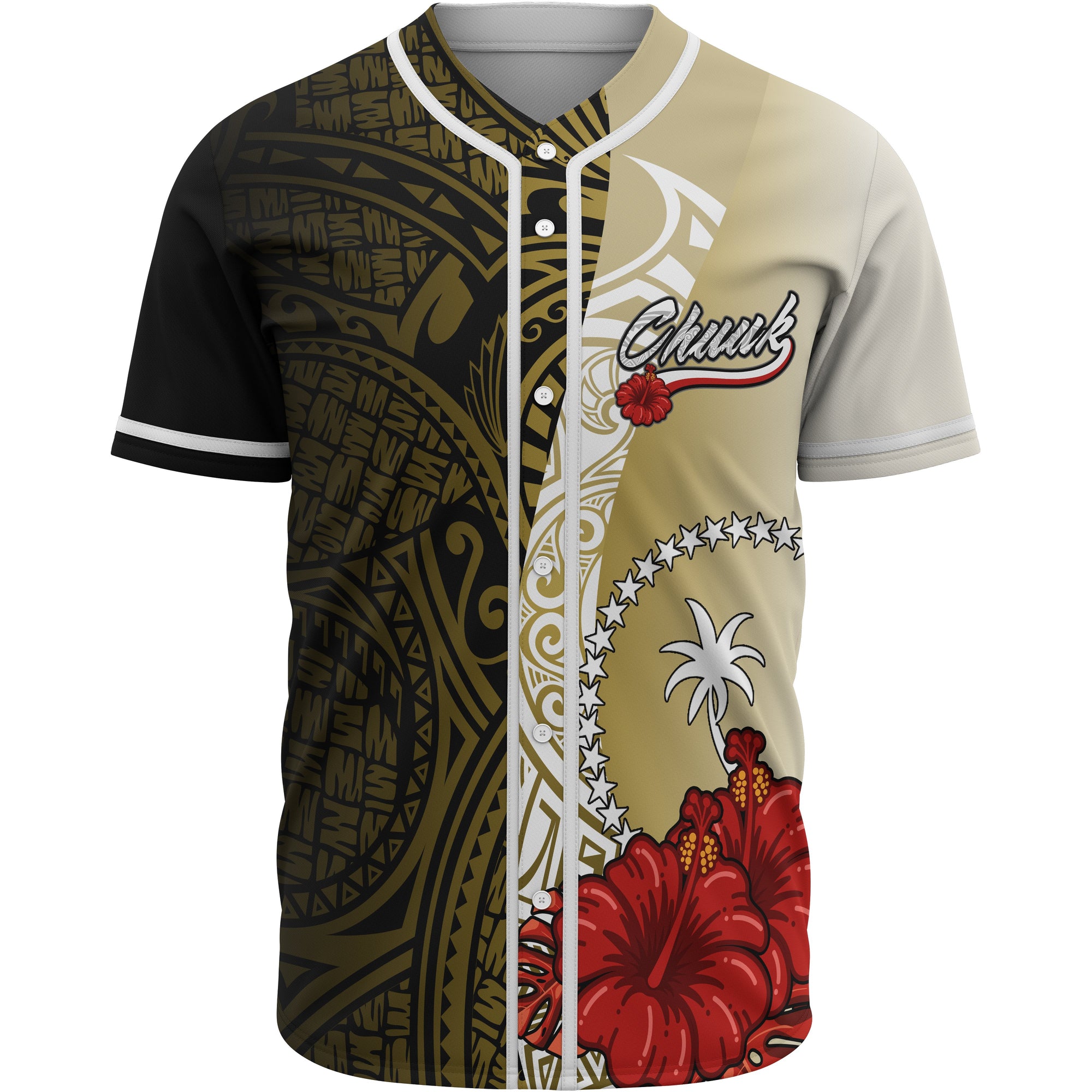 Chuuk Polynesian Baseball Shirt - Coat Of Arm With Hibiscus Gold Unisex Gold - Polynesian Pride
