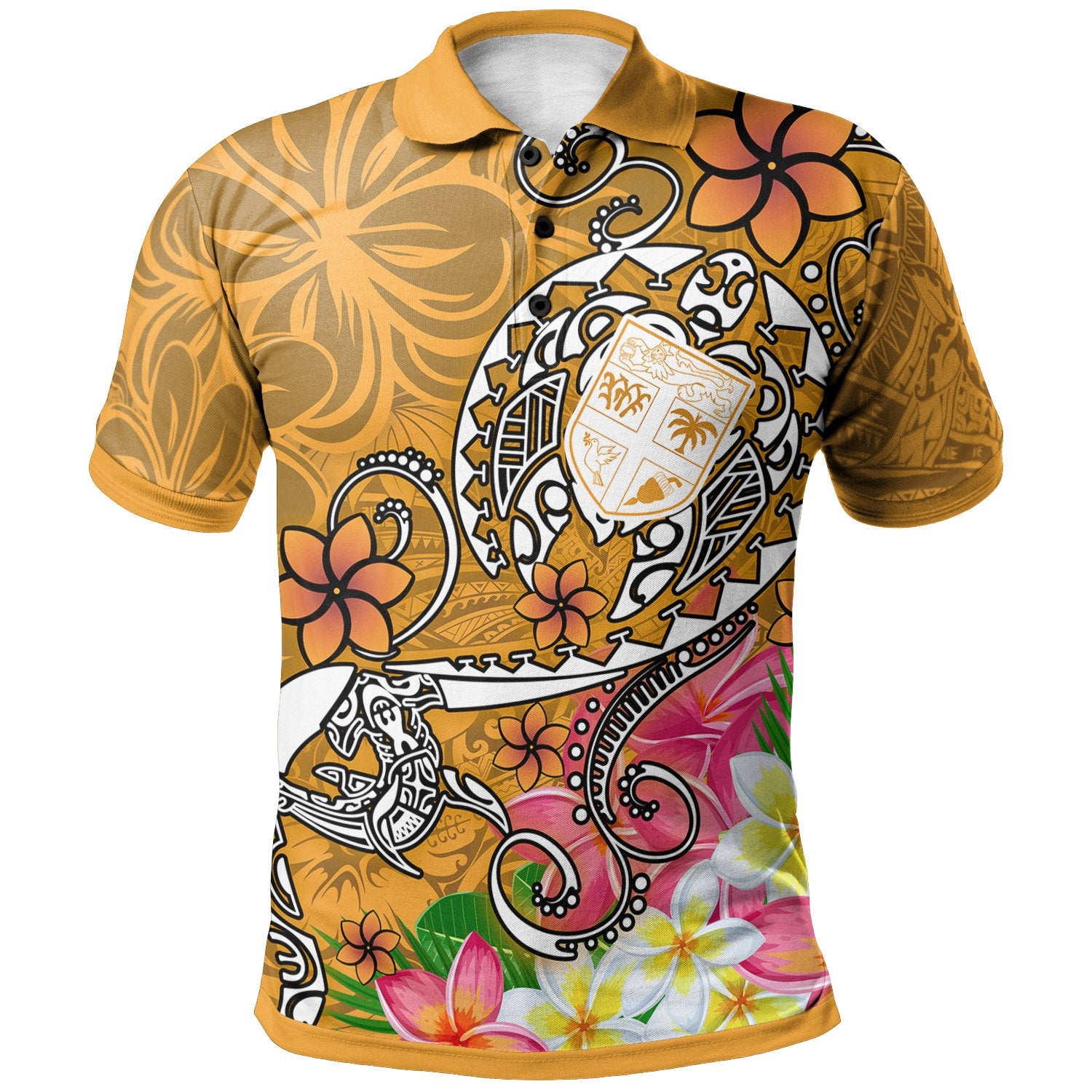 Fiji Polo Shirt Turtle Plumeria (Gold) Unisex Gold - Polynesian Pride