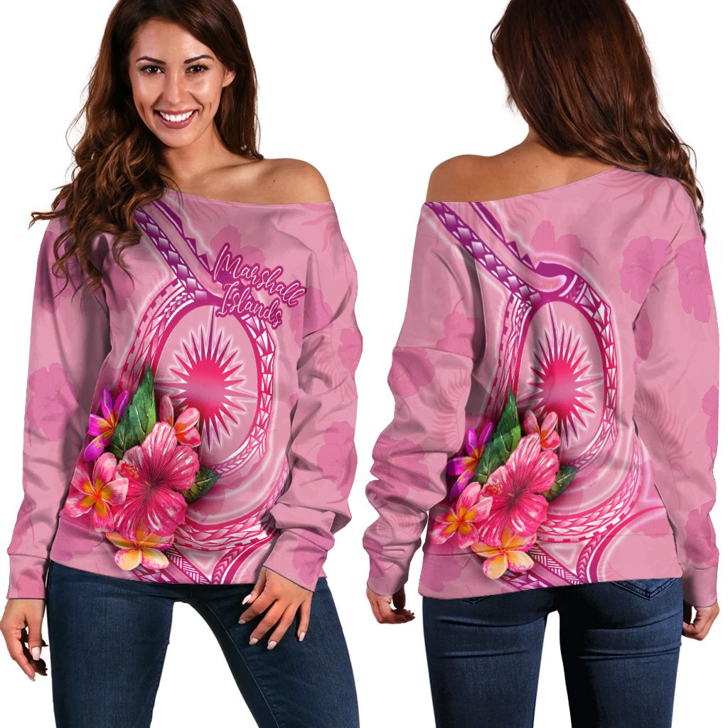 Marshall Islands Polynesian Women's Off Shoulder Sweater - Floral With Seal Pink Pink - Polynesian Pride