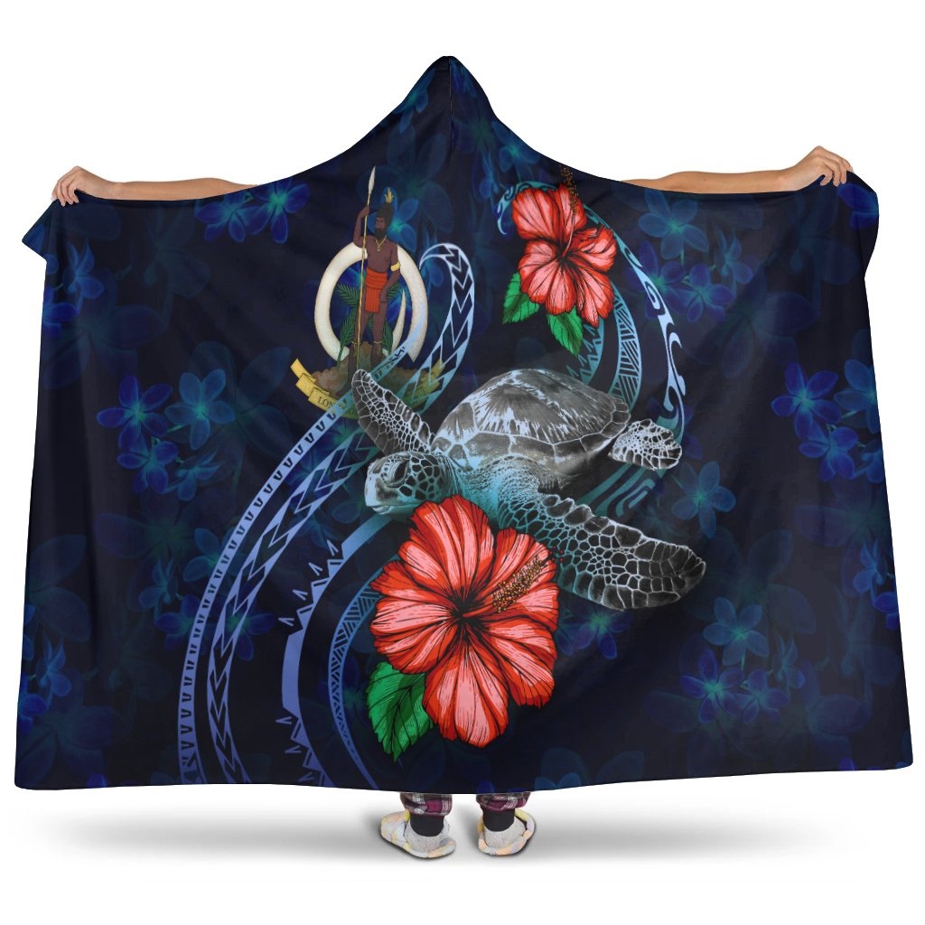 Vanuatu Polynesian Hooded Blanket - Blue Turtle Hibiscus Hooded Blanket Blue - Polynesian Pride
