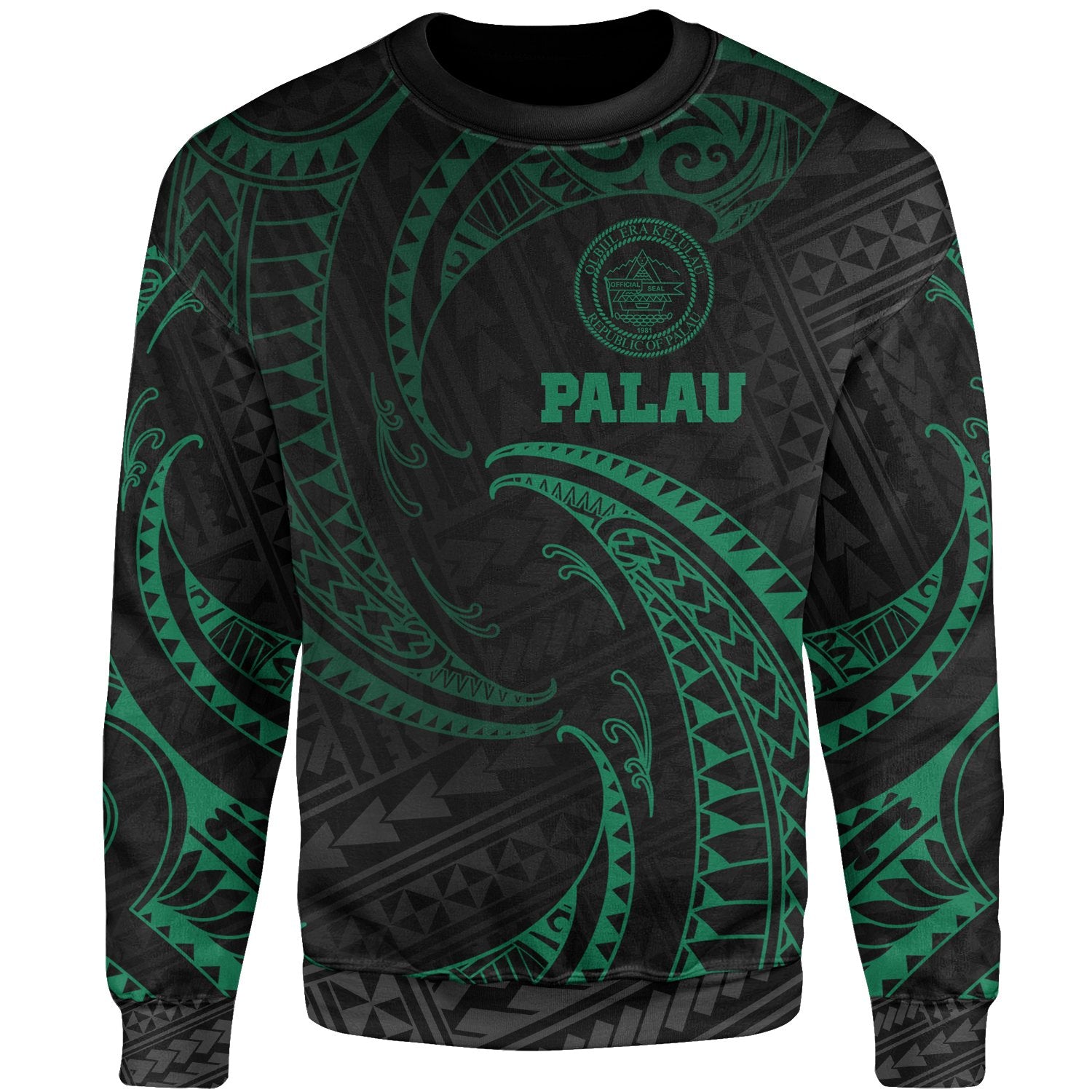 Palau Polynesian Sweater - Green Tribal Wave Unisex Green - Polynesian Pride