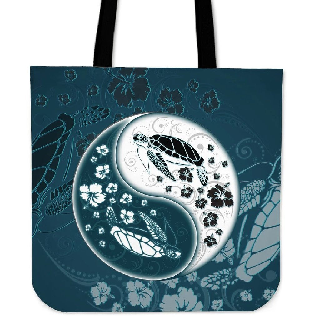 Yinyang Turtle Hibiscus Tote Bag Tote Bag One Size Black - Polynesian Pride