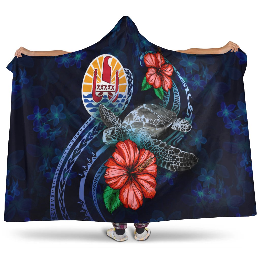 Tahiti Polynesian Hooded Blanket - Blue Turtle Hibiscus Hooded Blanket Blue - Polynesian Pride
