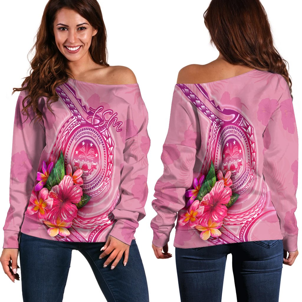Federated States Of Micronesia Women's Off Shoulder Sweater - Floral With Seal Pink Pink - Polynesian Pride
