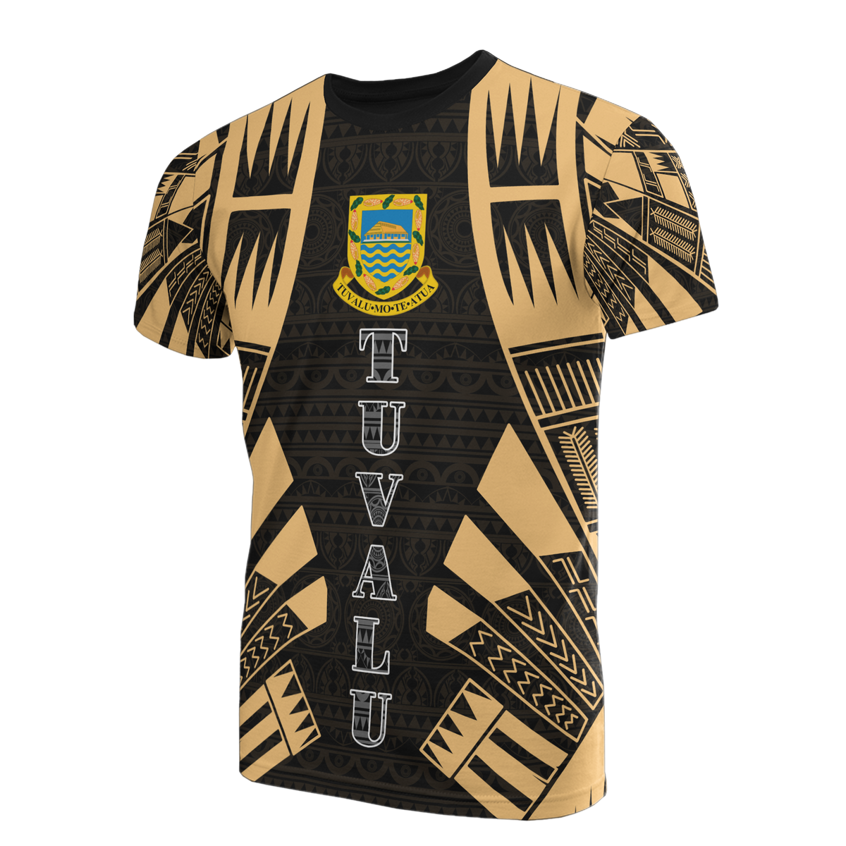 Tuvalu T Shirt Tuvaluan Coat of Arms Polynesian Tattoo Gold Style Unisex Black-Gold - Polynesian Pride