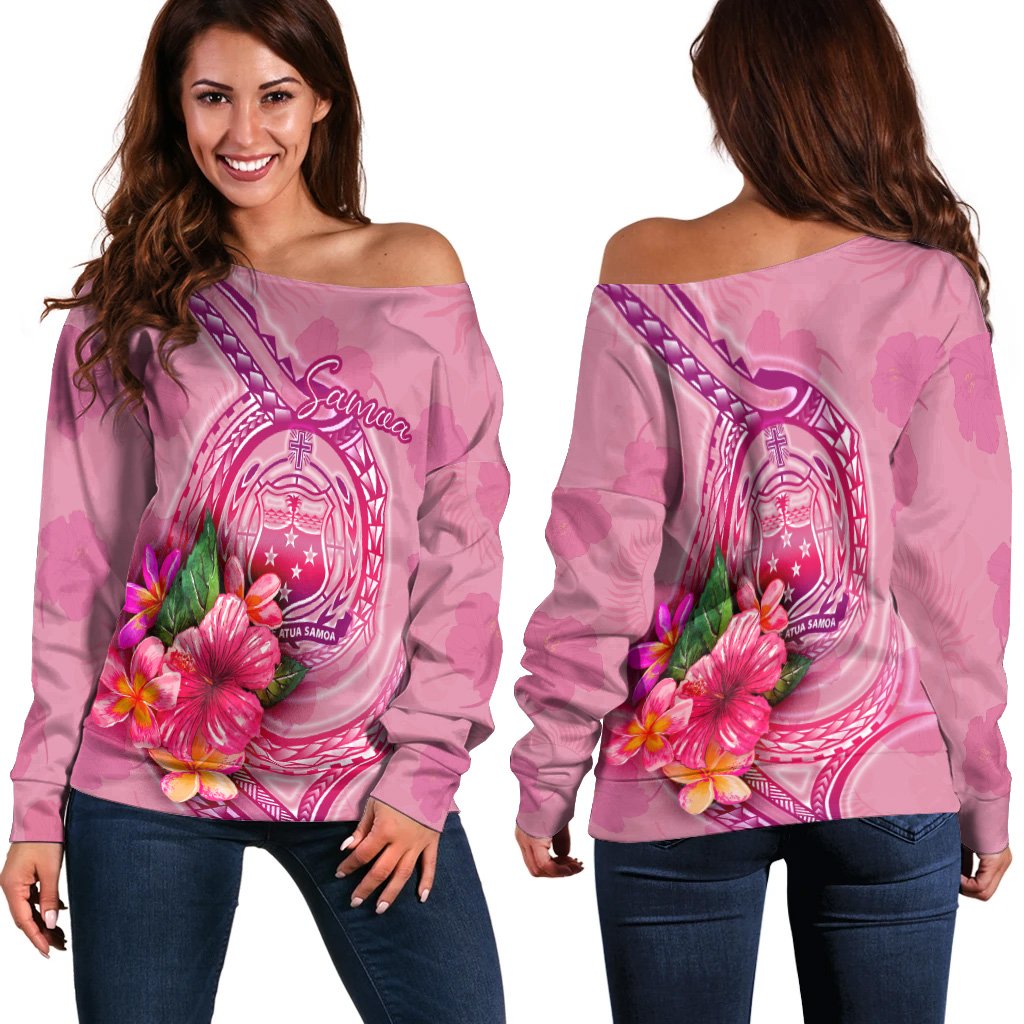 Samoa Polynesian Women's Off Shoulder Sweater - Floral With Seal Pink Pink - Polynesian Pride
