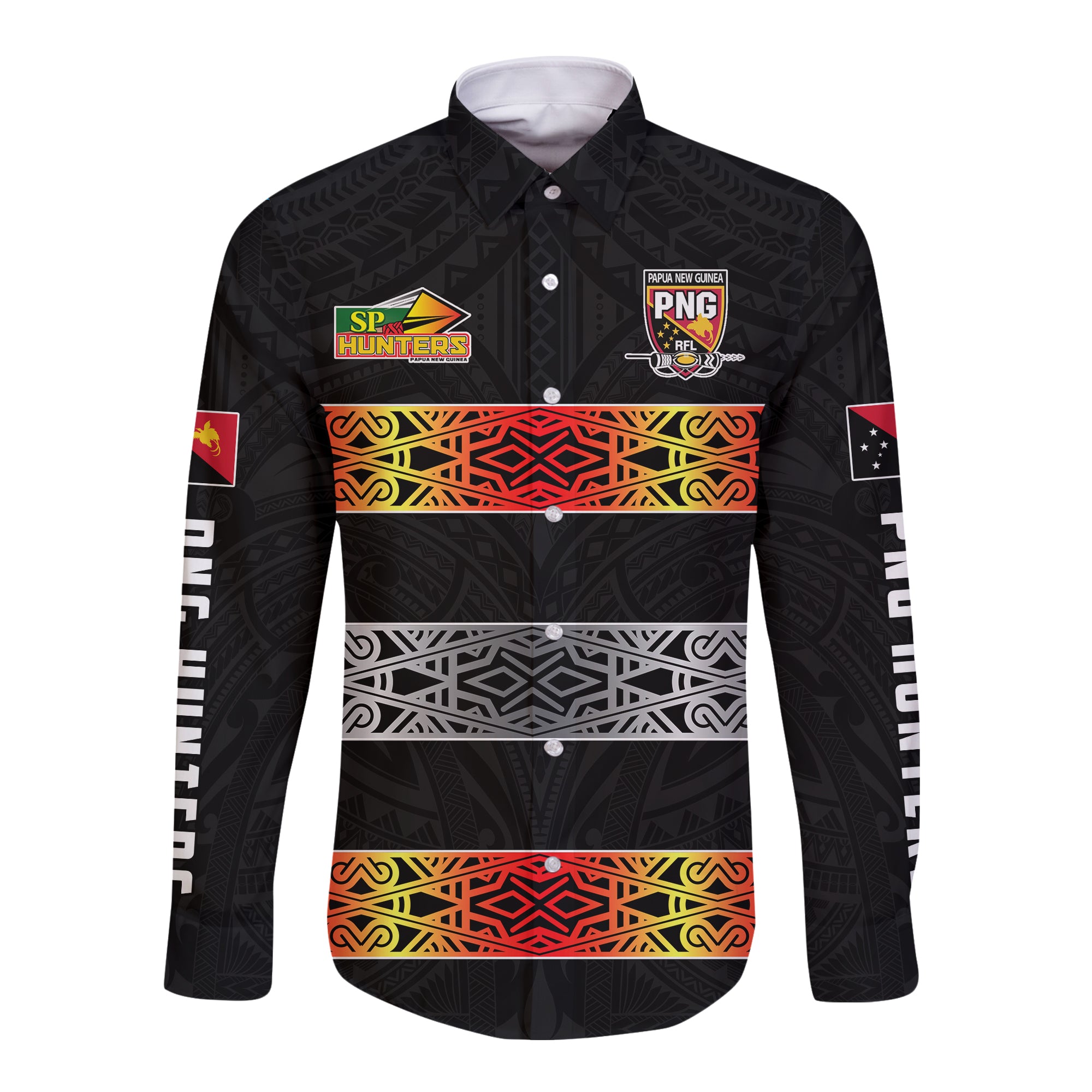 The Hunters PNG Hawaii Long Sleeve Button Shirt Papua New Guinea Hunters Rugby LT13 Unisex Black - Polynesian Pride