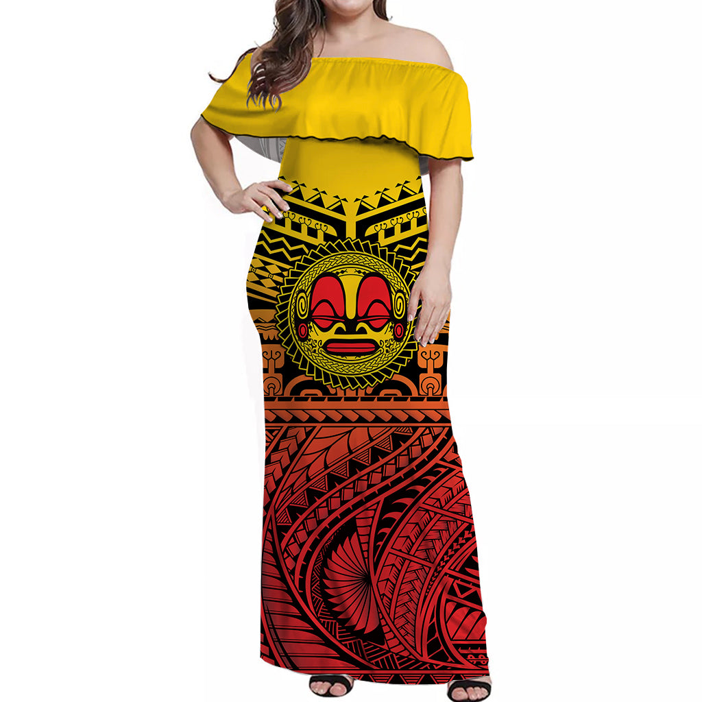 Marquesas Islands Off Shoulder Long Dress Mata Tiki Polynesian Pattern LT13 Long Dress Yellow - Polynesian Pride