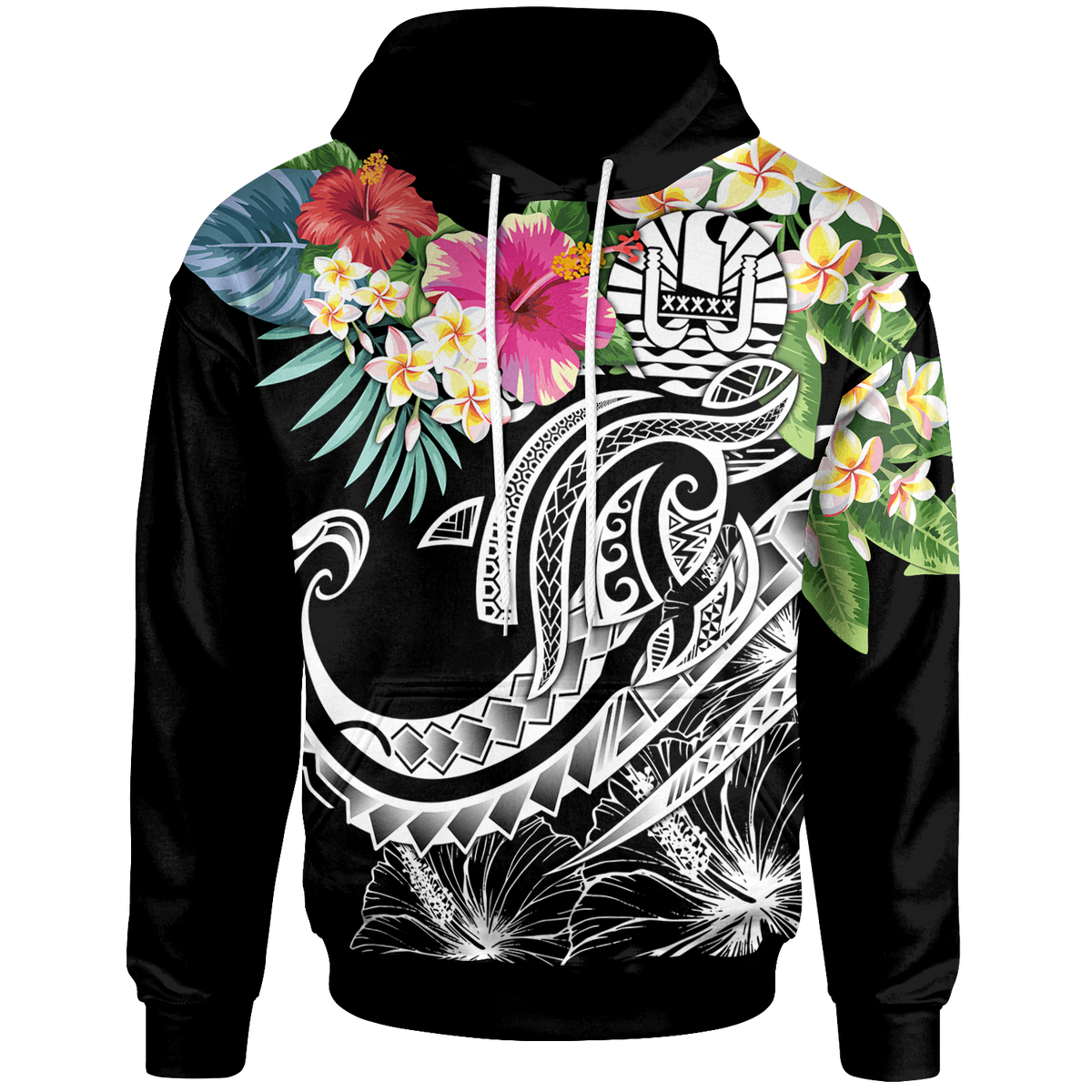 Tahiti Polynesian Hoodie Summer Plumeria (Black) Unisex Black - Polynesian Pride