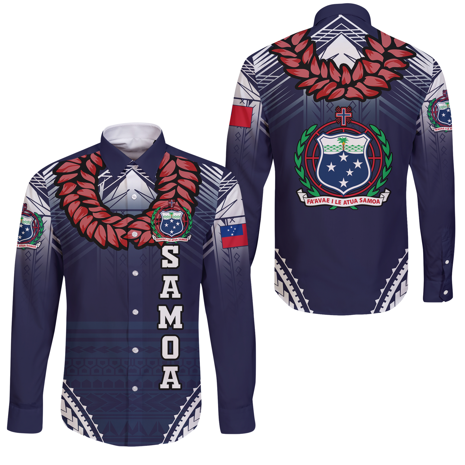 Samoan Ula Fala Art Long Sleeve Button Shirt - LT12 Unisex Blue - Polynesian Pride