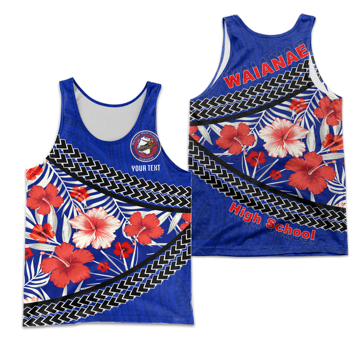 (Custom Personalised) Waianae High School Men's Tank - Hawaiian Hibiscus Flowers - LT20 Black - Polynesian Pride