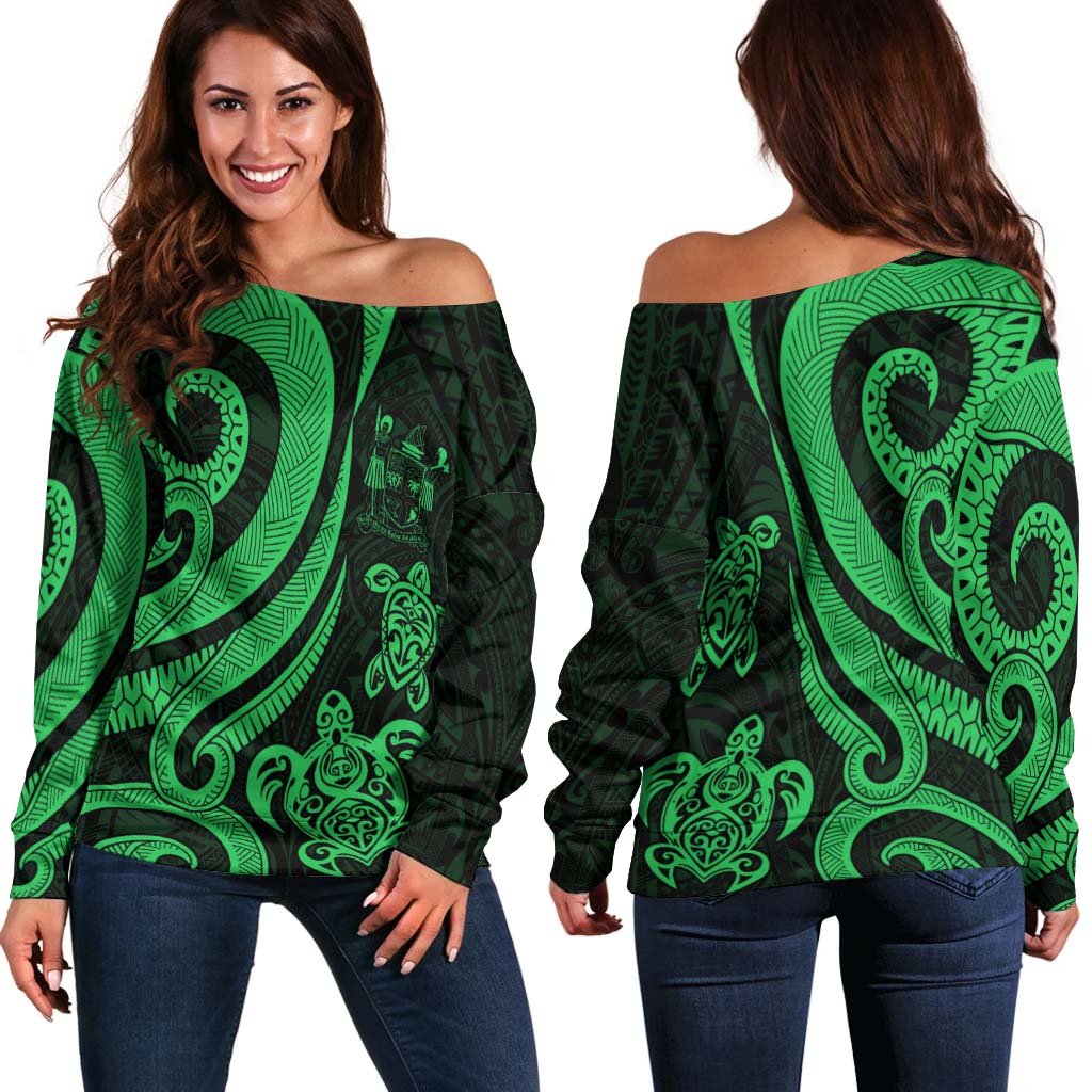 Fiji Women's Off Shoulder Sweater - Green Tentacle Turtle Crest Green - Polynesian Pride