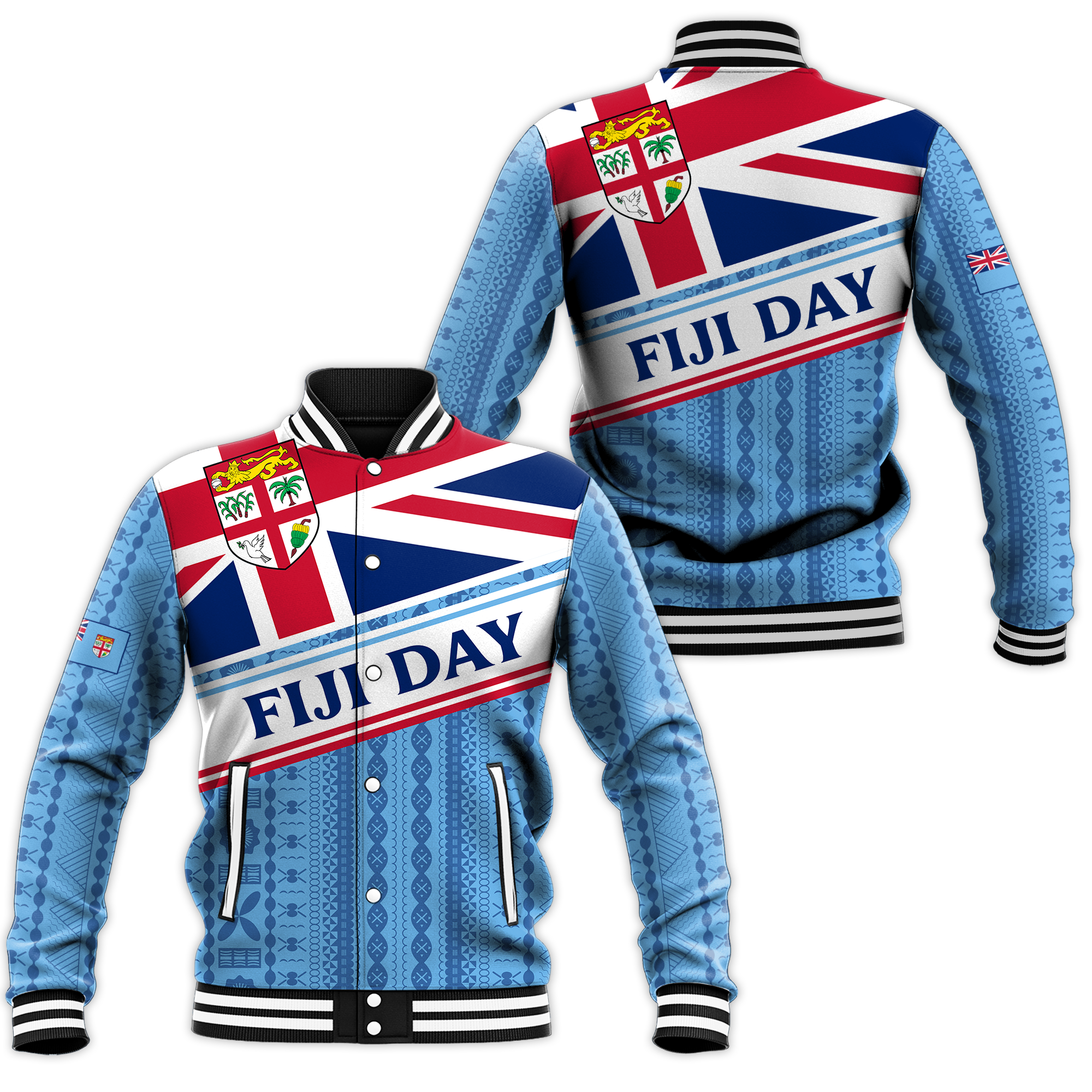 Fiji Day Baseball Jacket - Tapa Pattern With Flag - LT12 Unisex Green - Polynesian Pride