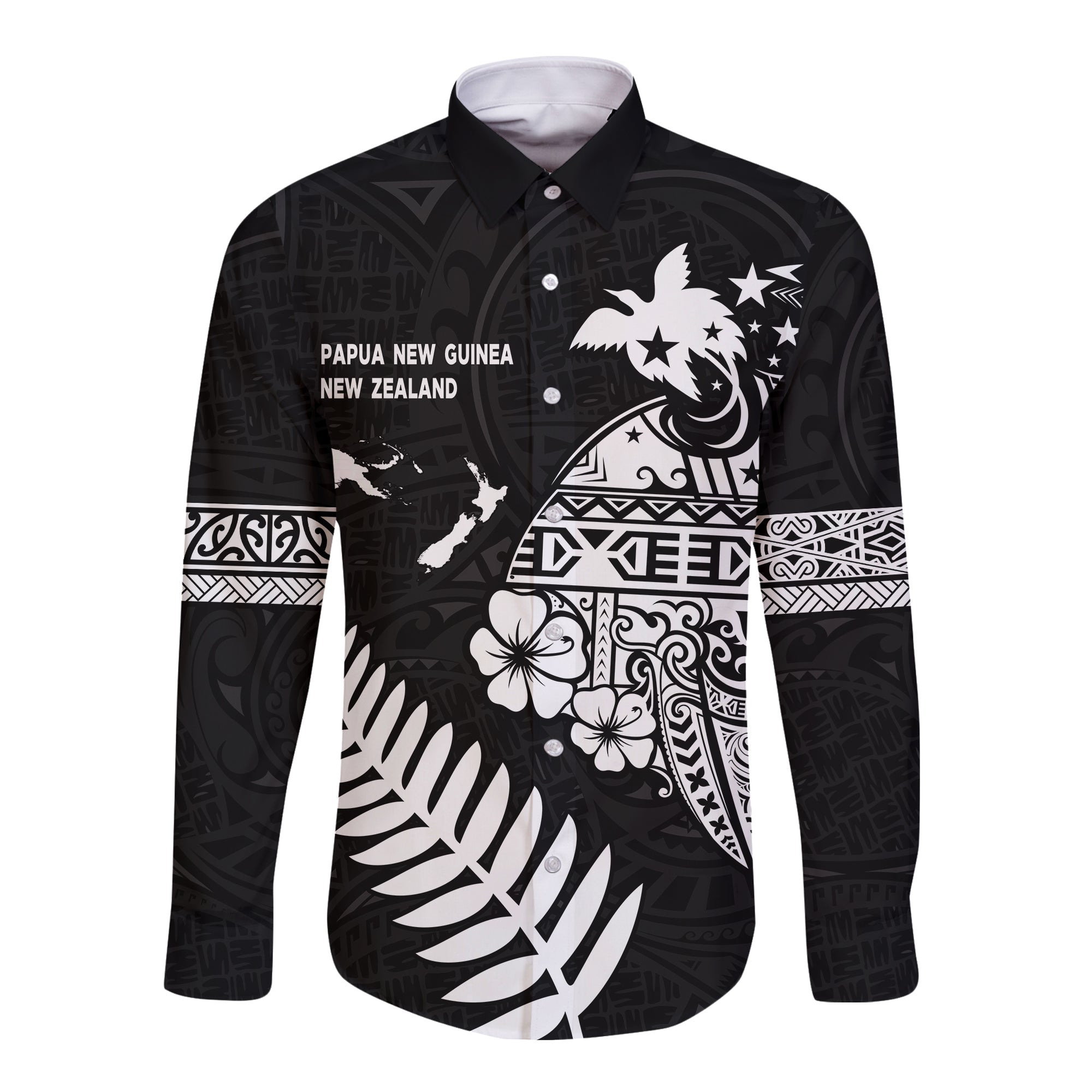 (Custom Personalised) Papua New Guinea and New Zealand Hawaii Long Sleeve Button Shirt Maori Polynesian LT13 Unisex Black - Polynesian Pride