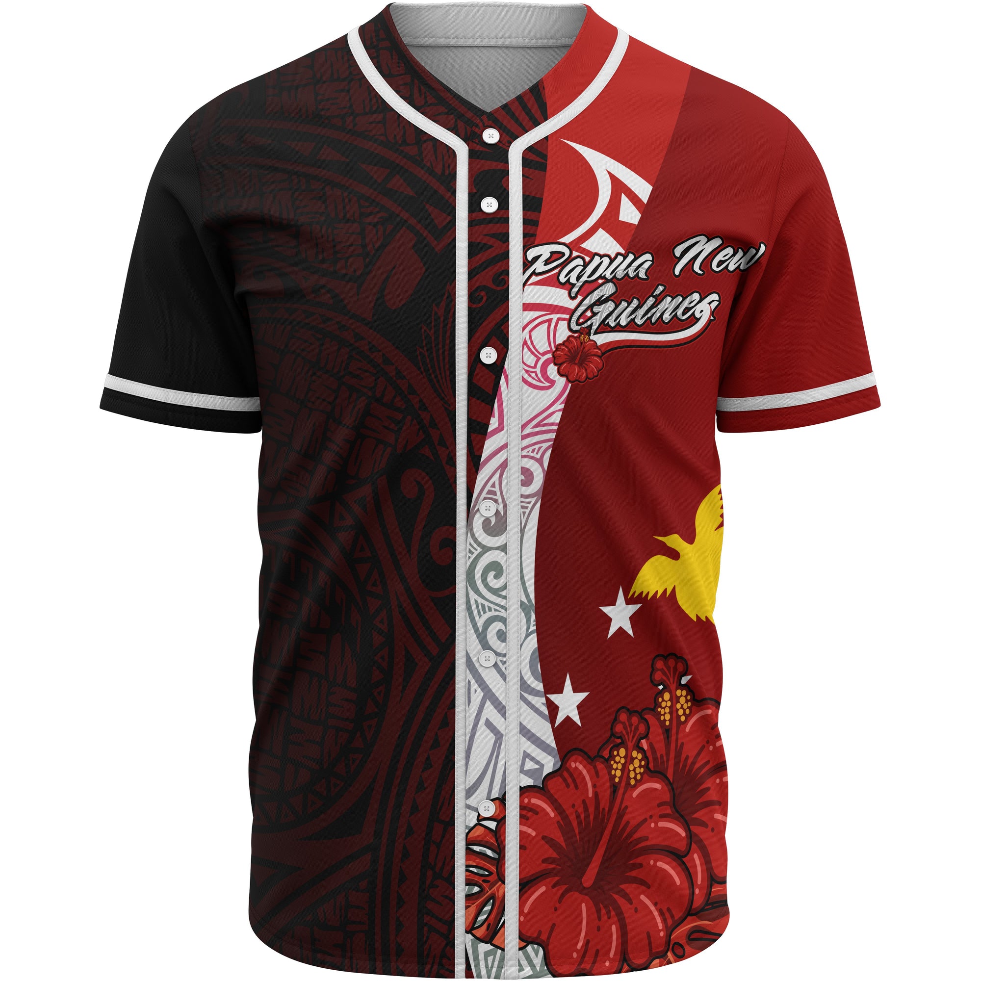 Papua New Guinea Polynesian Baseball Shirt - Coat Of Arm With Hibiscus Unisex Red - Polynesian Pride