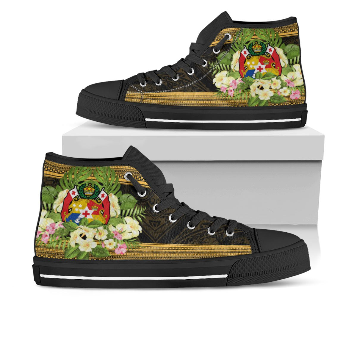 Tonga High Top Shoes - Polynesian Gold Patterns Collection Unisex Black - Polynesian Pride