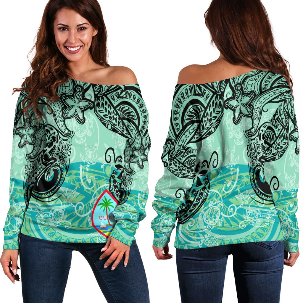 Guam Women's Off Shoulder Sweaters - Vintage Floral Pattern Green Color Green - Polynesian Pride