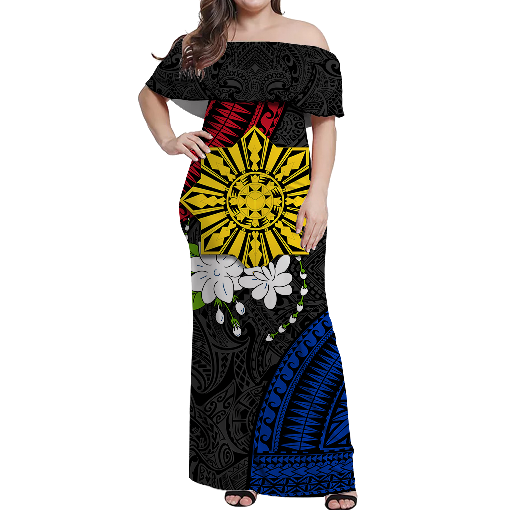 Philippines Sampaguita Filipino Sun Women Off Shoulder Dress - LT12 Long Dress Black - Polynesian Pride