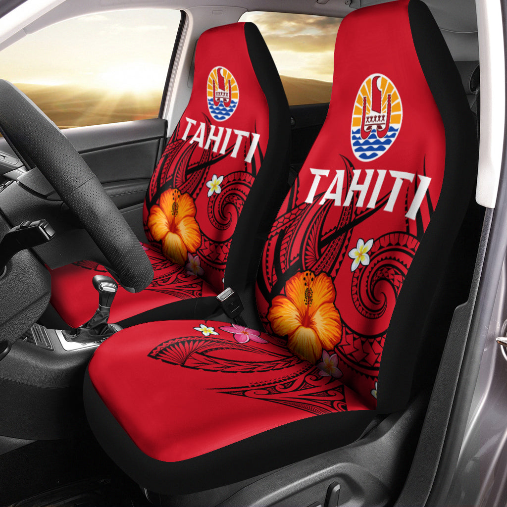 French Polynesia Car Seat Covers - Hibiscus With Tribal - LT12 Universal Fit Red - Polynesian Pride