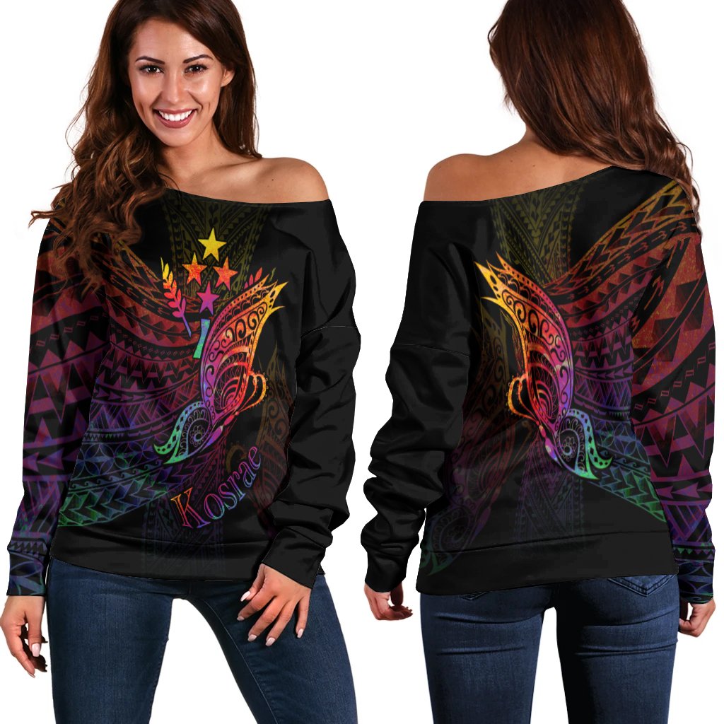 Kosrae State Women's Off Shoulder Sweater - Butterfly Polynesian Style Black - Polynesian Pride