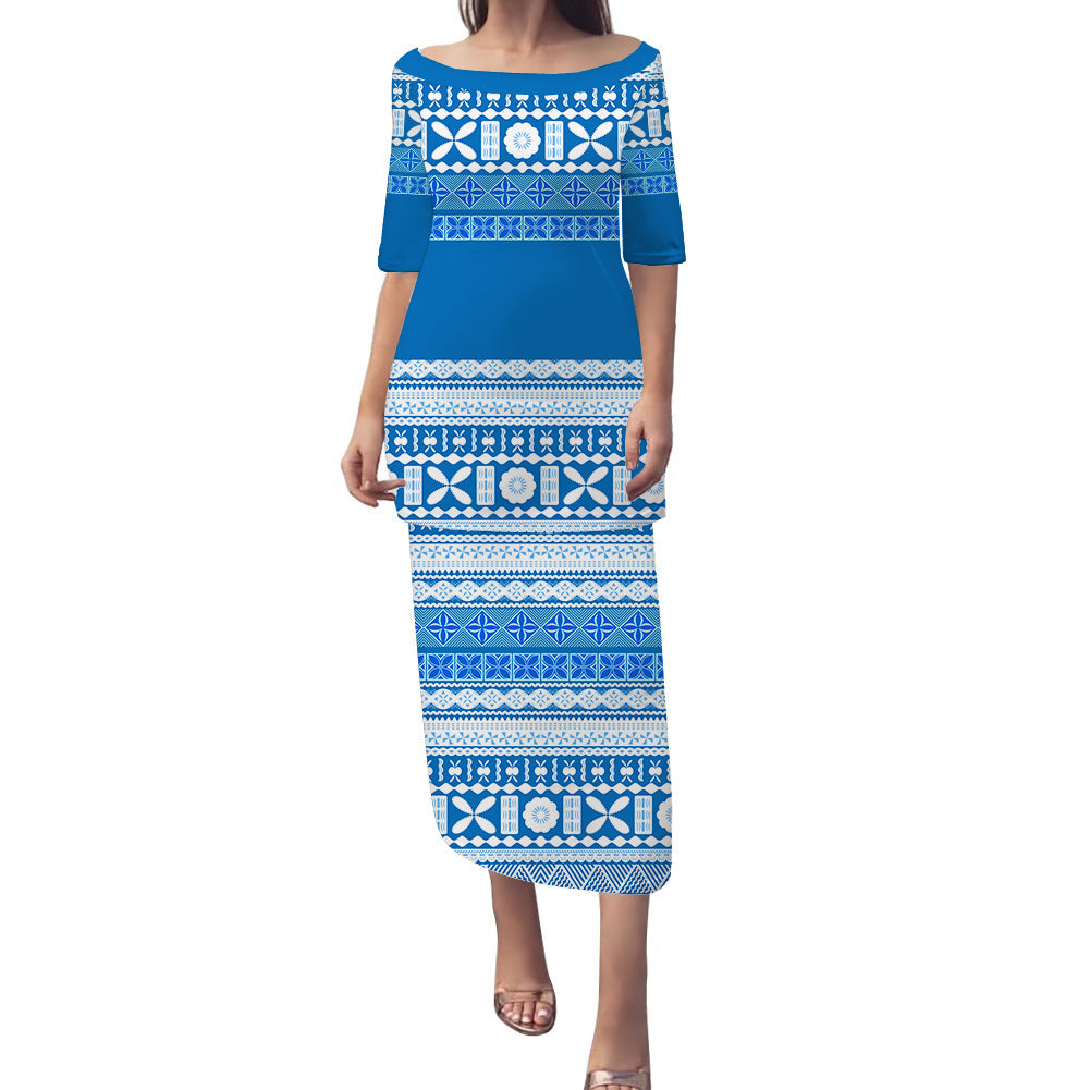 Bula Fiji Puletasi Dress Blue Tapa Pattern LT13 Blue - Polynesian Pride