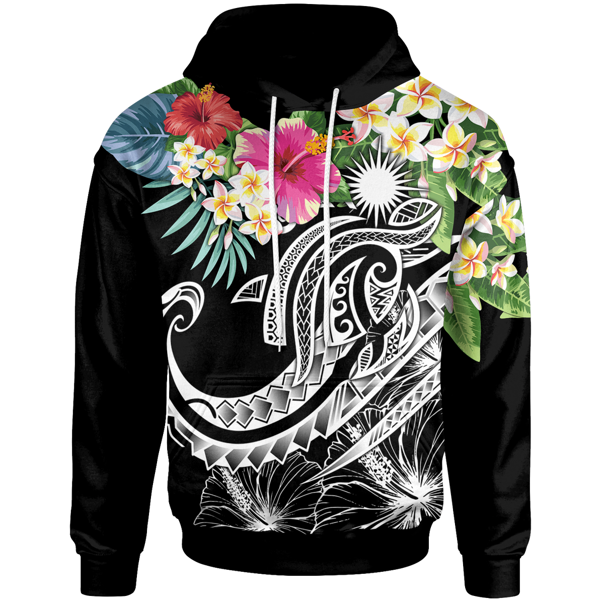 Marshall Islands Polynesian Hoodie Summer Plumeria (Black) Unisex Black - Polynesian Pride