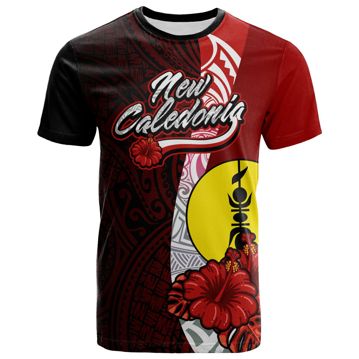 New Caledonia Polynesian T Shirt Coat Of Arm With Hibiscus Unisex Red - Polynesian Pride