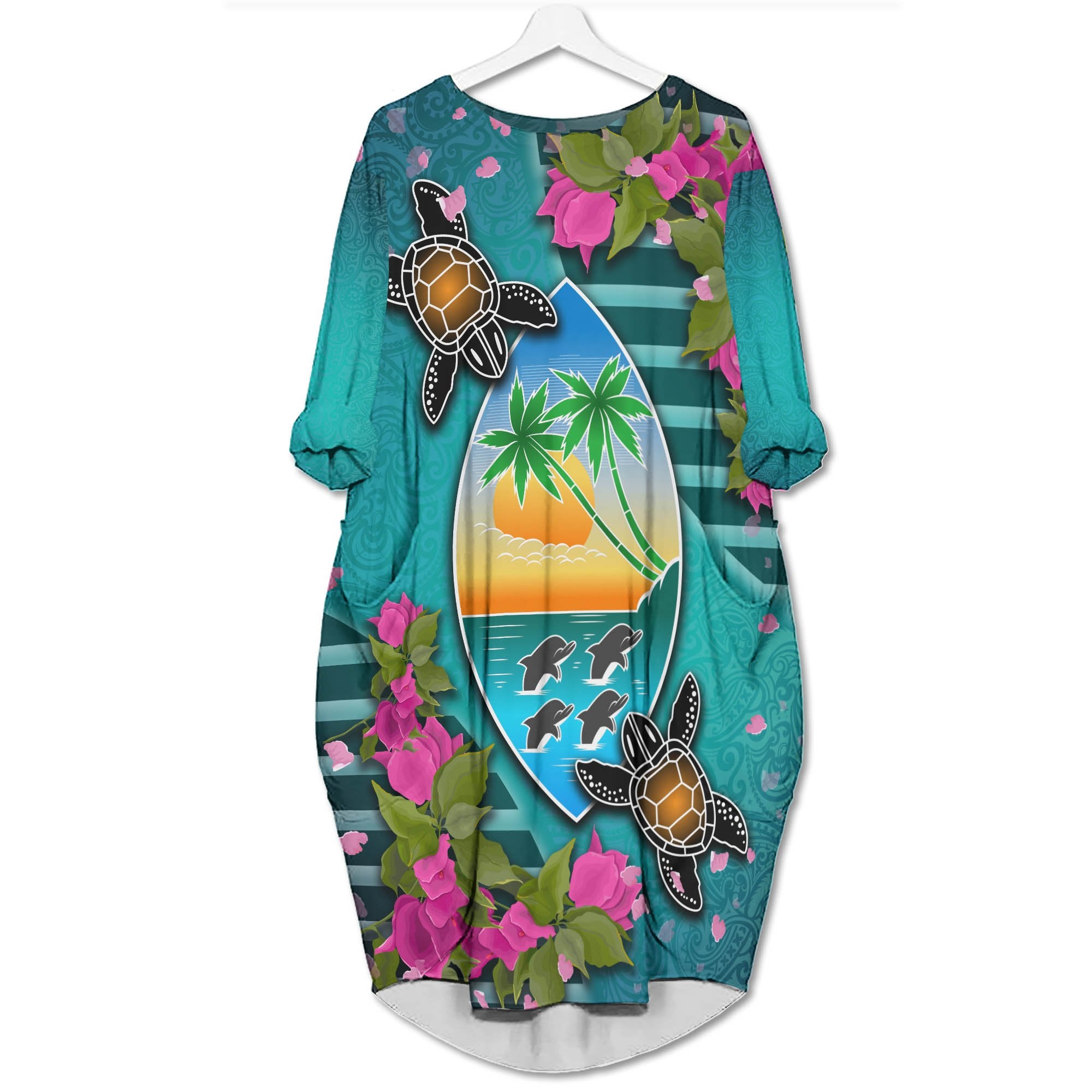 Guam Batwing Pocket Dress - Couple of Turtles Women Blue - Polynesian Pride