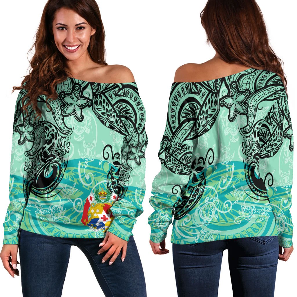 Tonga Women's Off Shoulder Sweaters - Vintage Floral Pattern Green Color Green - Polynesian Pride