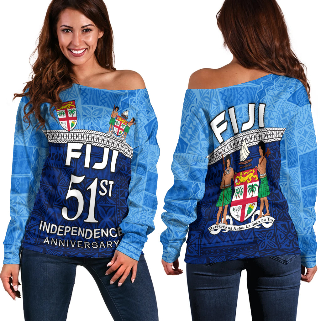 Fiji 51st Independence Anniversary Off Shoulder Sweater LT4 Blue - Polynesian Pride