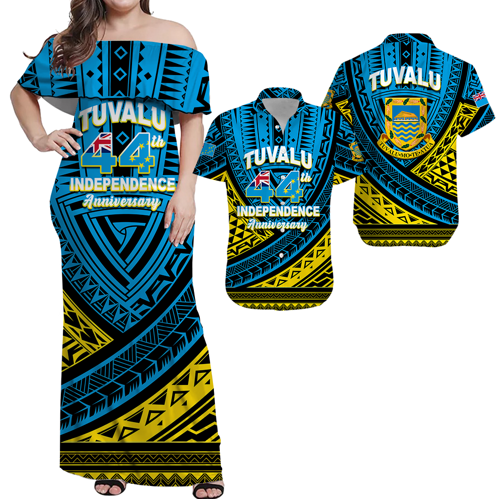 Tuvalu Matching Dress and Hawaiian Shirt 44th Independence Anniversary Tribal Pattern LT12 Blue - Polynesian Pride