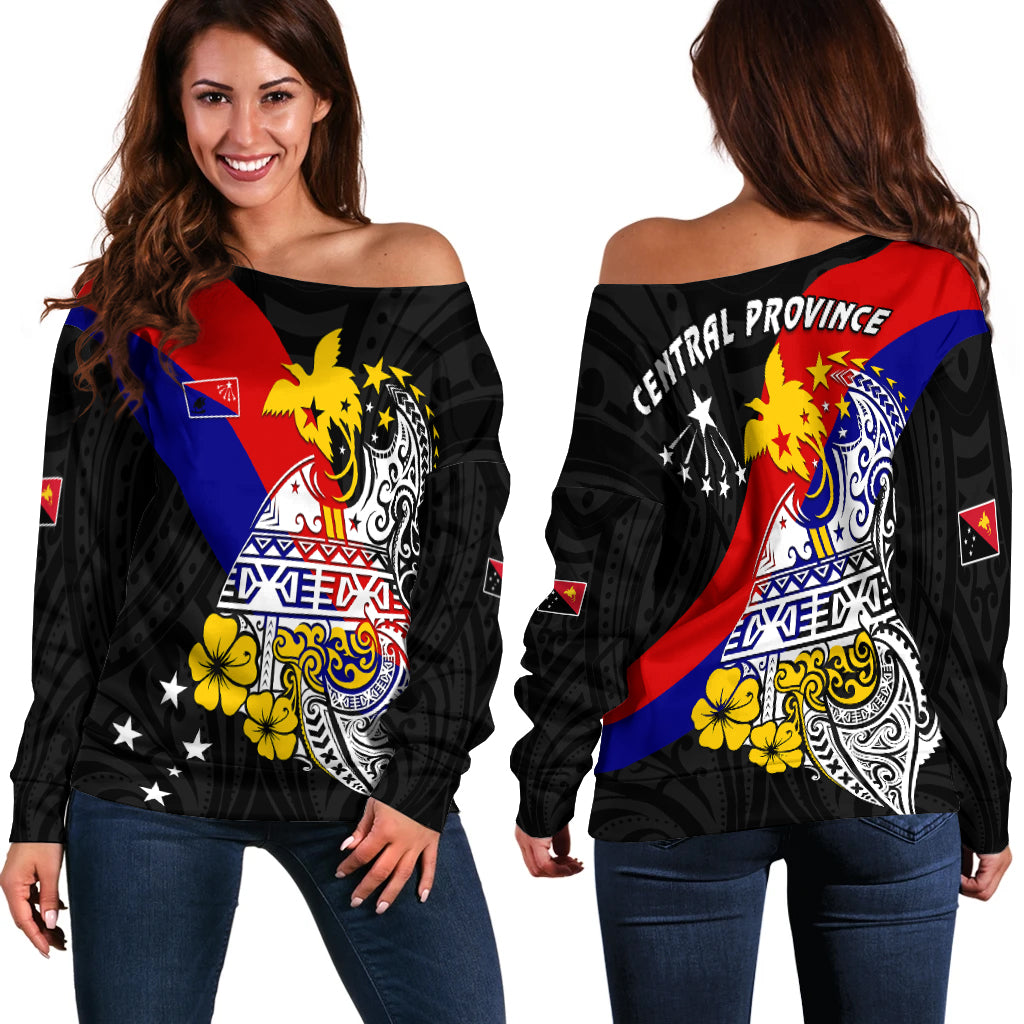 Central Province Off Shoulder Sweater Style Life PNG LT13 Black - Polynesian Pride
