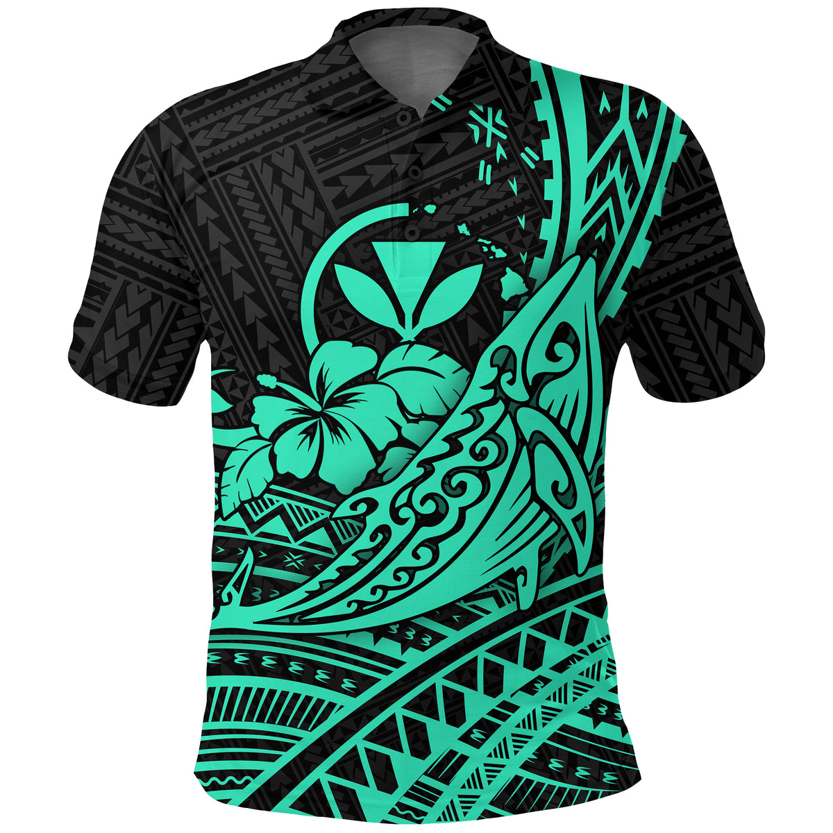 Hawaii Humpback Whale With Hibiscus Tribal Turquoise Polo Shirt - LT12 Blue - Polynesian Pride