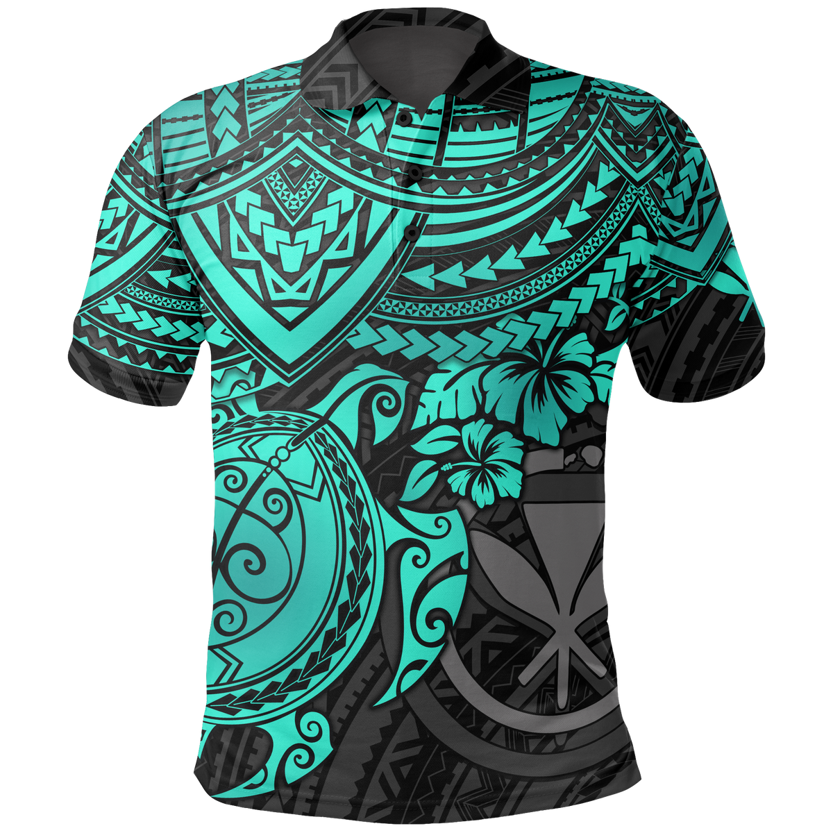 Hawaii Polo Shirt Kanaka Maoli Turquoise Turtle Hibiscus Unisex BLUE - Polynesian Pride