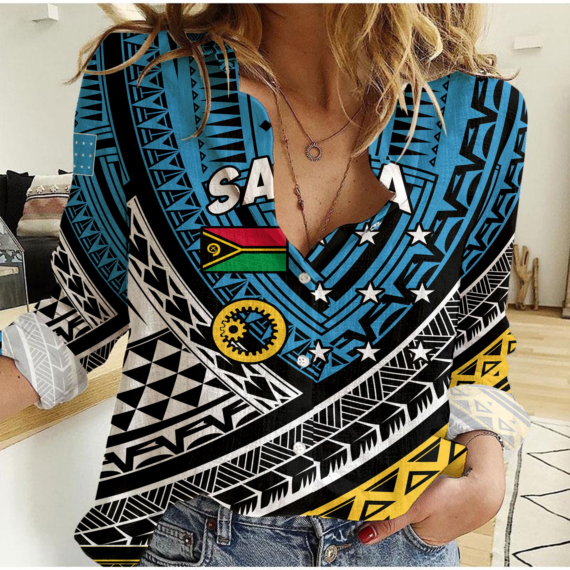 (Custom Personalised) Vanuatu Sanma Province Tribal Pattern Women Casual Shirt - LT12 Female Blue - Polynesian Pride