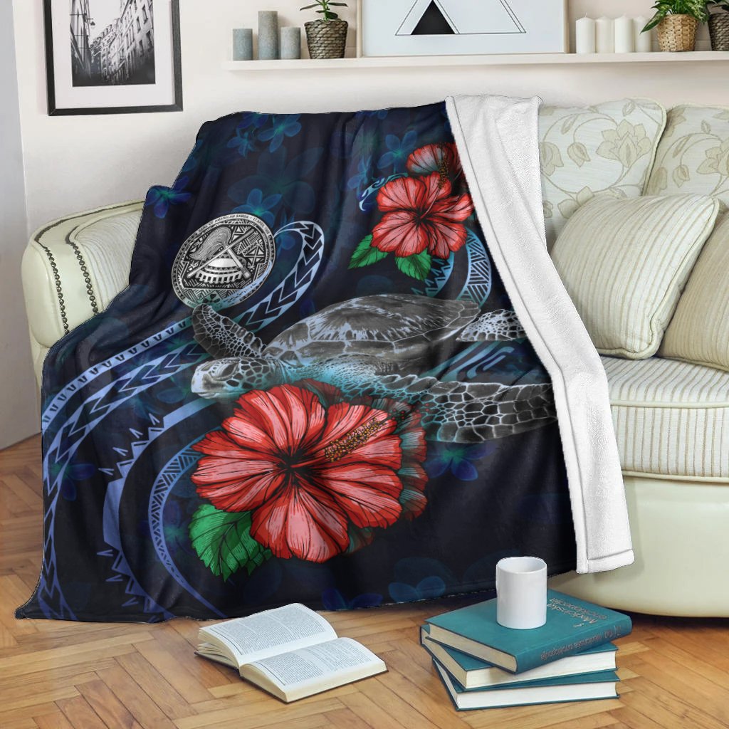 American Samoa Polynesian Premium Blanket - Blue Turtle Hibiscus White - Polynesian Pride