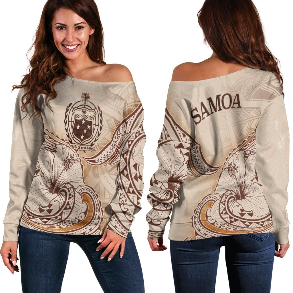 Samoa Women's Off Shoulder Sweater - Hibiscus Flowers Vintage Style Nude - Polynesian Pride