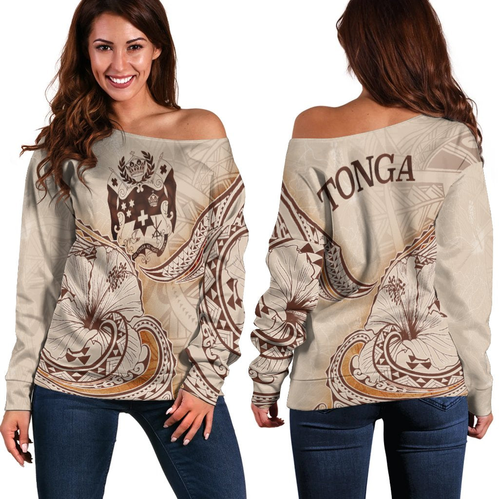 Tonga Women's Off Shoulder Sweater - Hibiscus Flowers Vintage Style Nude - Polynesian Pride