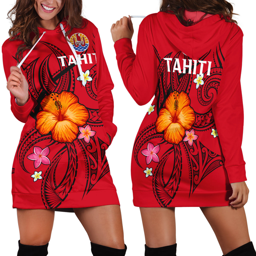 French Polynesia Hoodie Dress - Hibiscus With Tribal - LT12 Red - Polynesian Pride