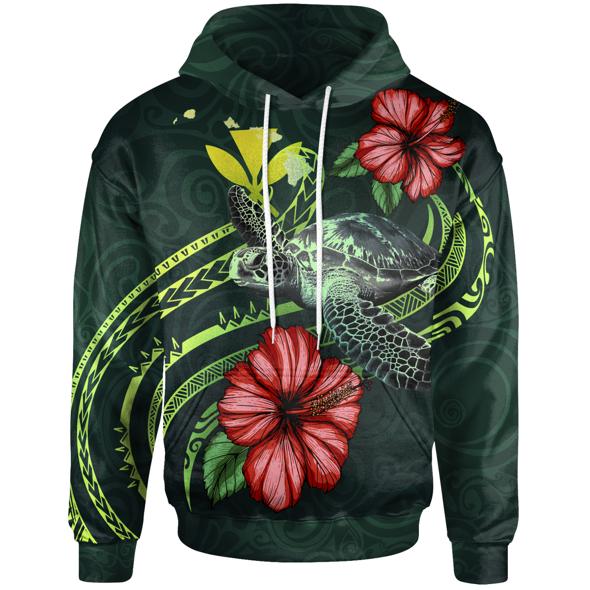Hawaii Polynesian Hoodie Green Turtle Hibiscus Unisex Green - Polynesian Pride