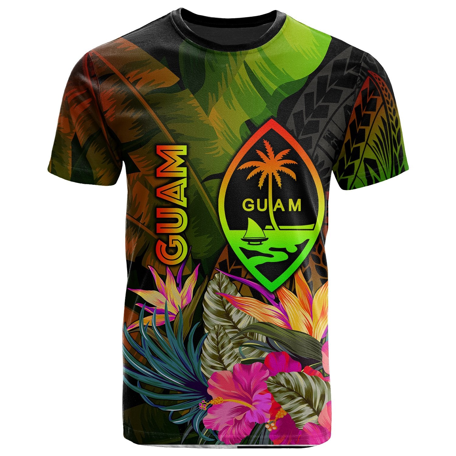 Guam Polynesian T Shirt Hibiscus and Banana Leaves Unisex Reggae - Polynesian Pride