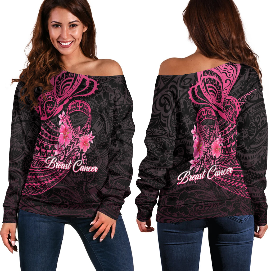 Breast Cancer Pink Ribbon Butterfly Polynesian Black Version Women Off Shoulder Sweater - LT12 Women Off Shoulder Sweater Black - Polynesian Pride