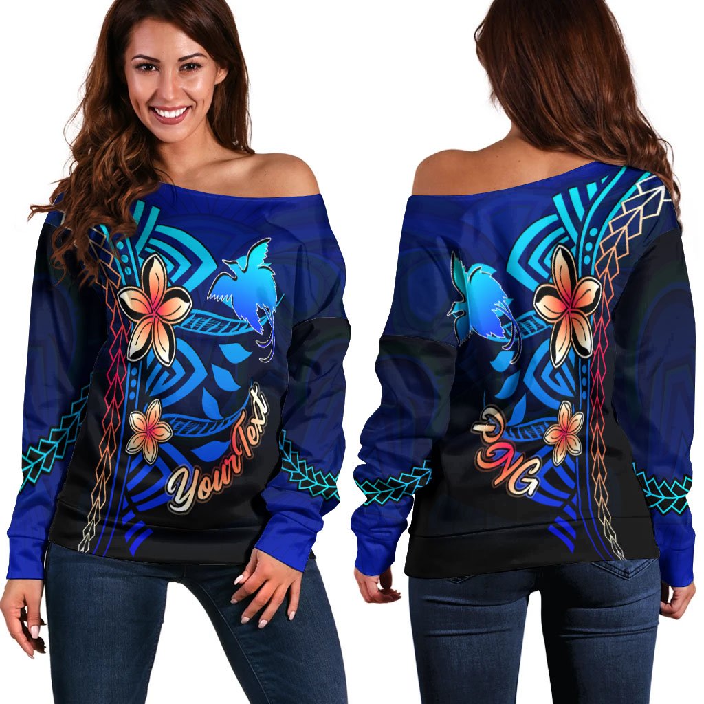 Papua New Guinea Custom Personalised Women's Off Shoulder Sweater - Vintage Tribal Moutain Blue - Polynesian Pride