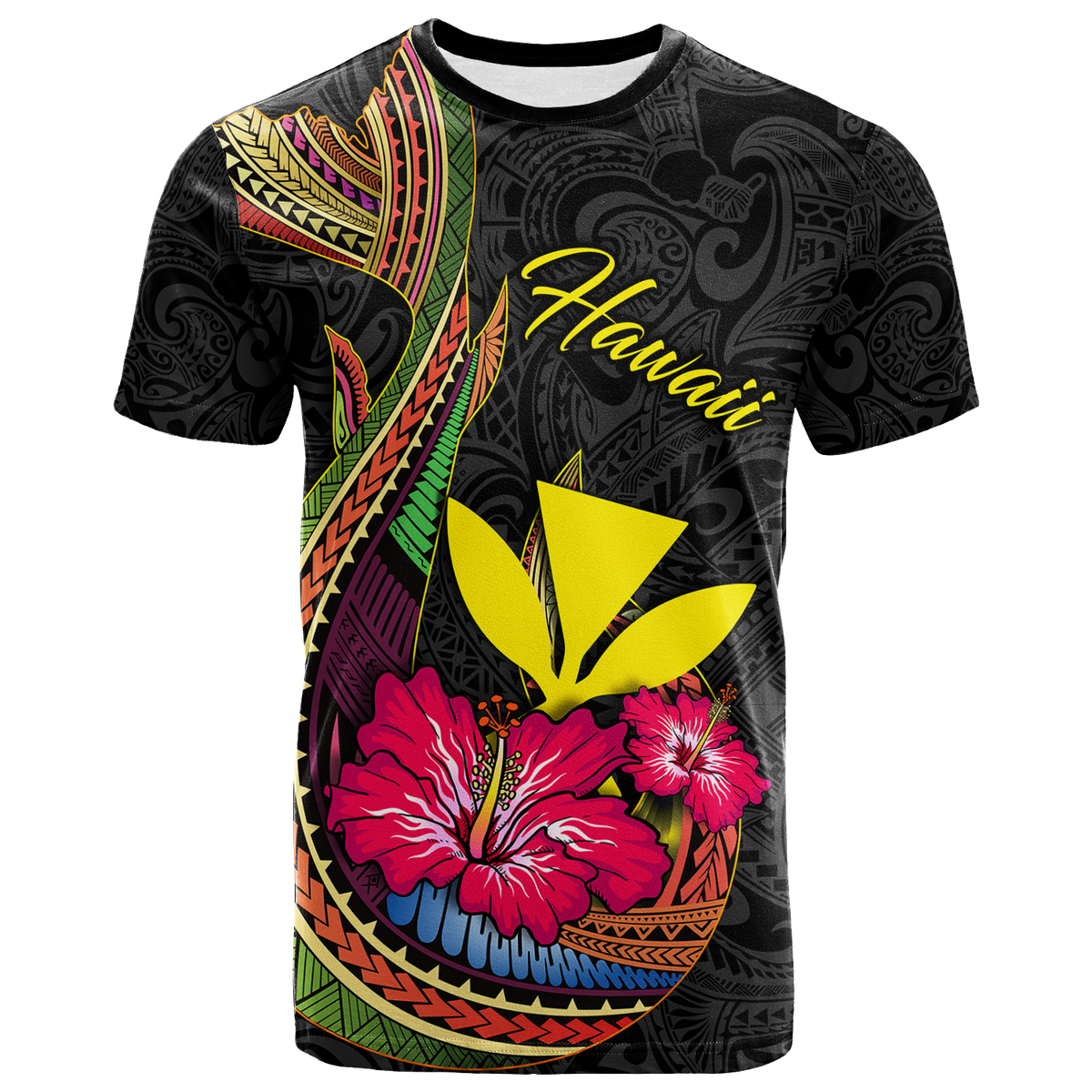 Hawaii Polynesian Fish Hook Hibiscus T Shirt LT12 Unisex Black - Polynesian Pride