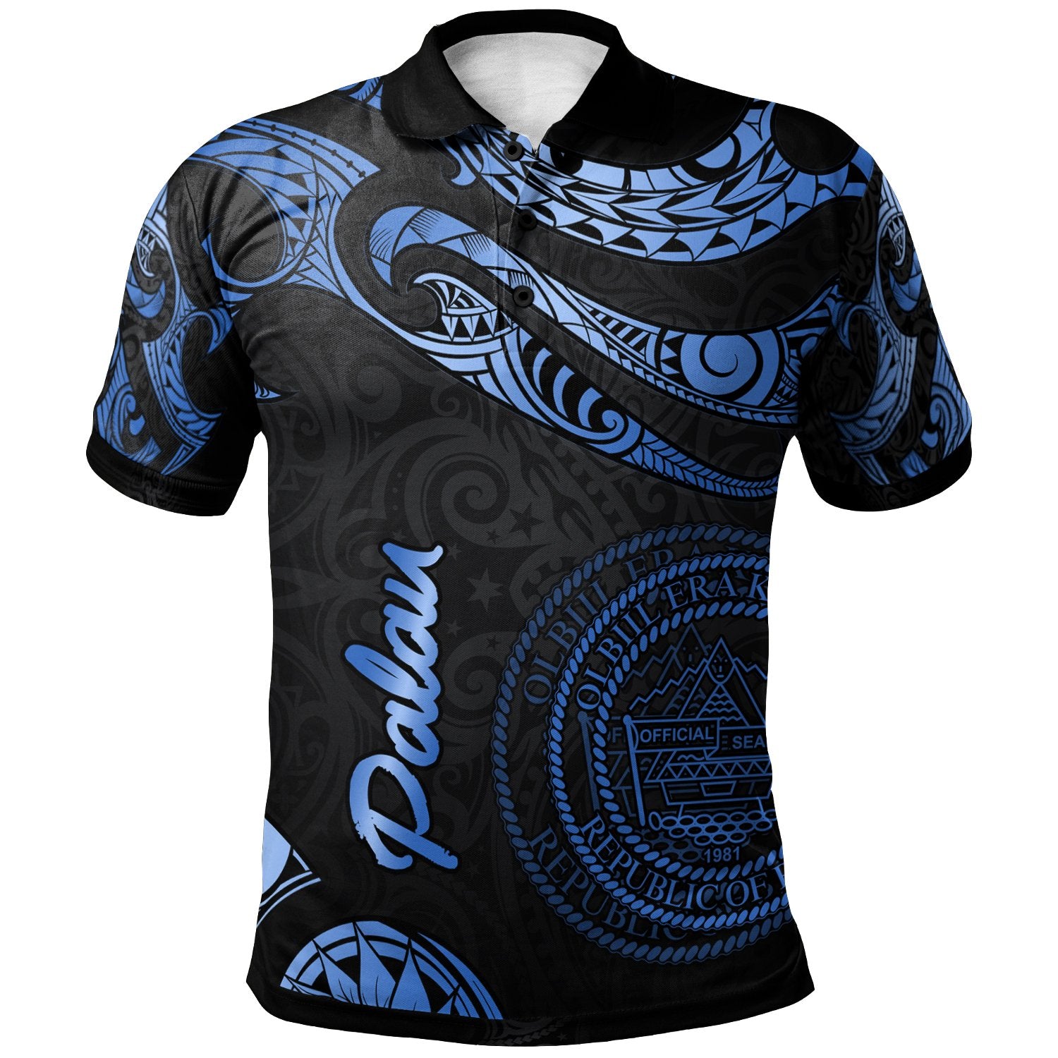 Palau Polo Shirt Polynesian Tattoo Blue Version Unisex Blue - Polynesian Pride