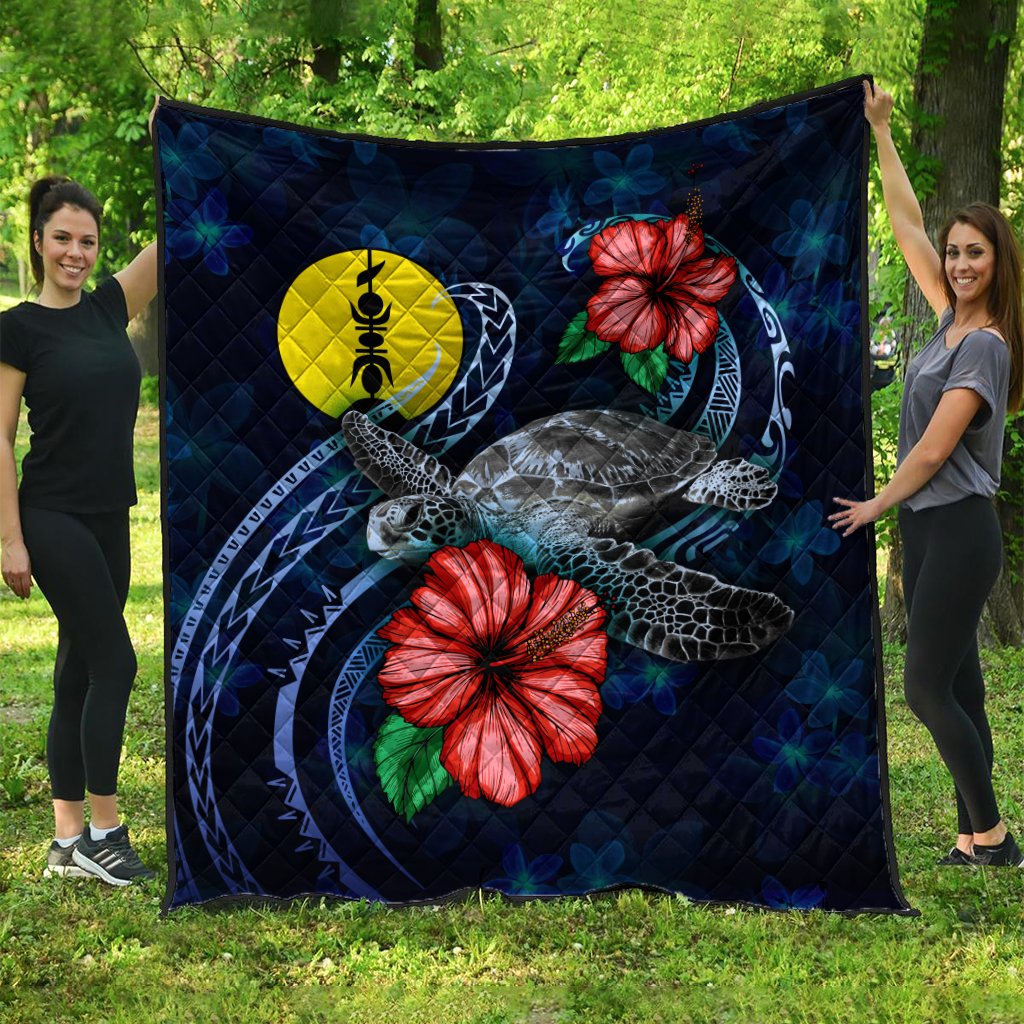 New Caledonia Polynesian Premium Quilt - Blue Turtle Hibiscus Blue - Polynesian Pride